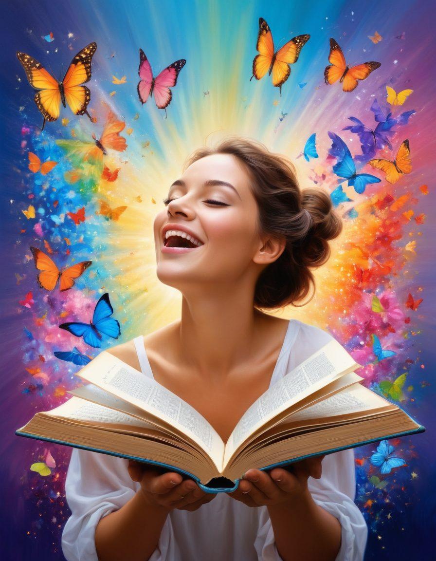 A vibrant representation of a person at two contrasting stages: on the left, an ecstatic figure surrounded by colorful butterflies symbolizing joy and discovery, and on the right, a thrilled figure with beams of light radiating from an open book, representing enlightenment and growth. The background merges from soft pastels on the left to bright, dynamic colors on the right. super-realistic. vibrant colors. 3D.