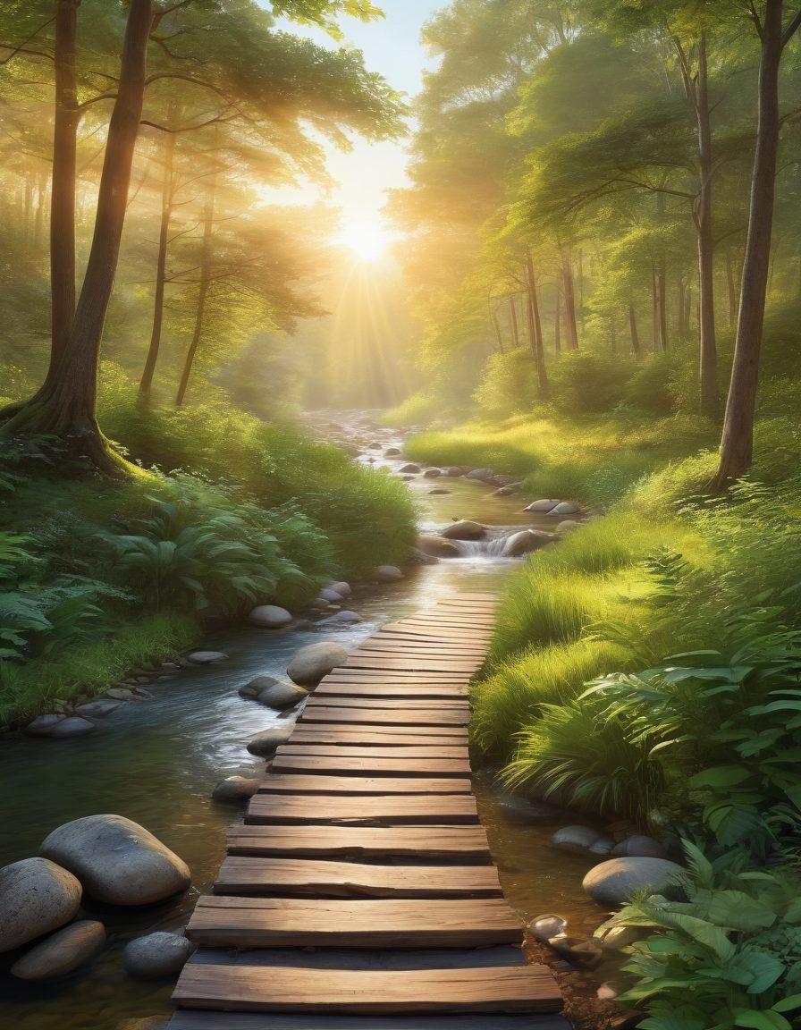 A serene landscape with a lush green forest, a tranquil river flowing gently, and a pathway leading to a bright sunrise symbolizing new beginnings. Include diverse individuals engaged in positive activities like meditation, exercise, and journaling, each radiating happiness and tranquility. Soft sunlight filtering through the trees to create a warm, inviting atmosphere. super-realistic. vibrant colors. uplifting.