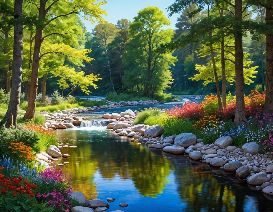 A serene landscape with a flowing river symbolizing personal growth, surrounded by vibrant trees and flowers representing positive behaviors. Include a diverse group of individuals engaged in uplifting activities, such as meditation, laughter, and sharing. Soft sunlight filtering through the trees to create a warm, inviting atmosphere. Emphasize harmony and connection between nature and people. super-realistic. vibrant colors. peaceful ambiance.